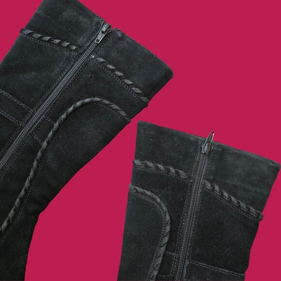 Y2K black Suede Buckle Boots US Size 6 Wedge Heels Mid Calf - Picture 6 of 8